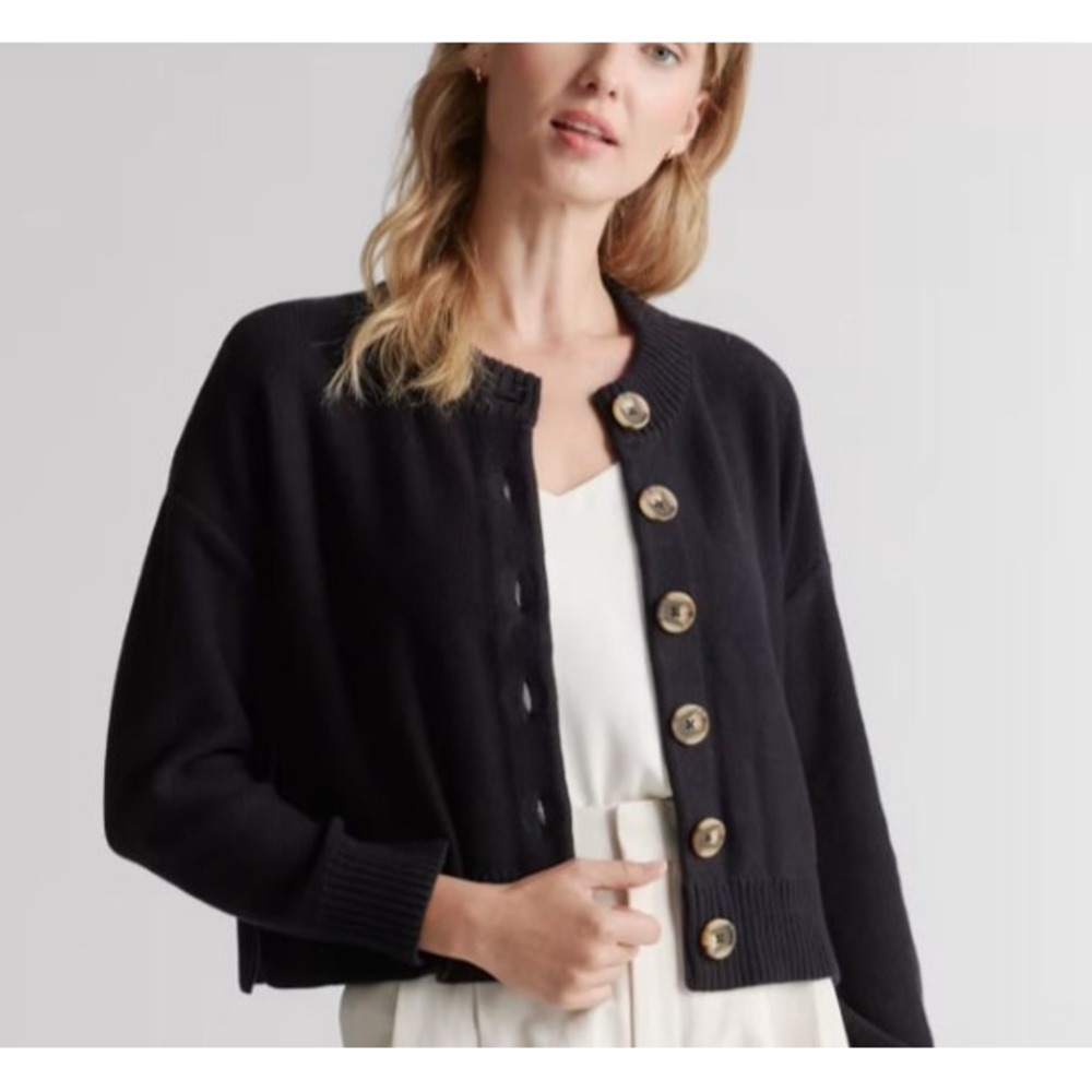 Quince Women 100% Organic Cotton Cropped Cardigan Black Sleeved Top M A011490